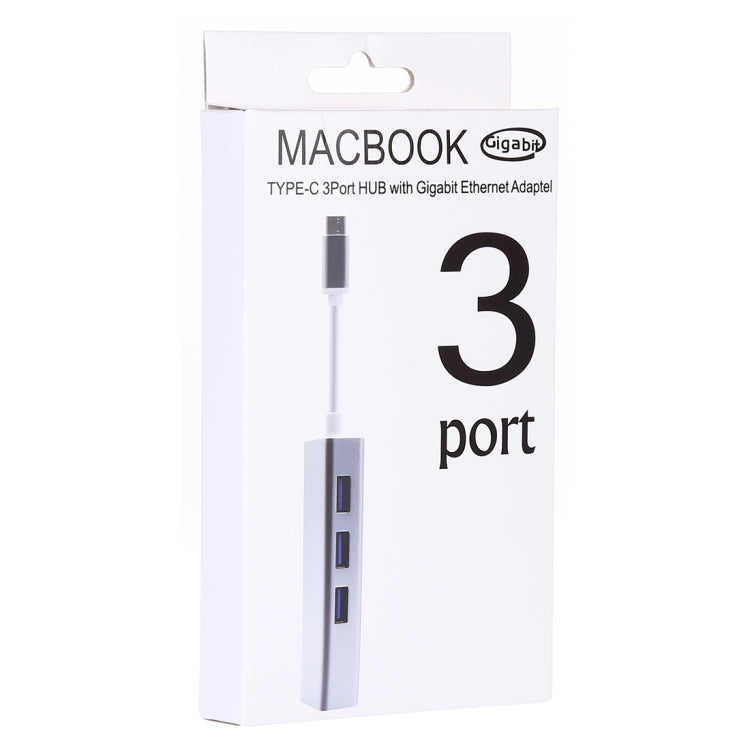 อลูมิเนียมเชลล์ 3 พอร์ต USB3.0 HUB + อะแดปเตอร์อีเธอร์เน็ตกิกะบิต USB-C / Type-C, USB Type-C 1000Mbps