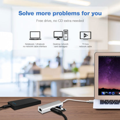 อลูมิเนียมเชลล์ 3 พอร์ต USB3.0 HUB + อะแดปเตอร์อีเธอร์เน็ตกิกะบิต USB-C / Type-C, USB Type-C 1000Mbps