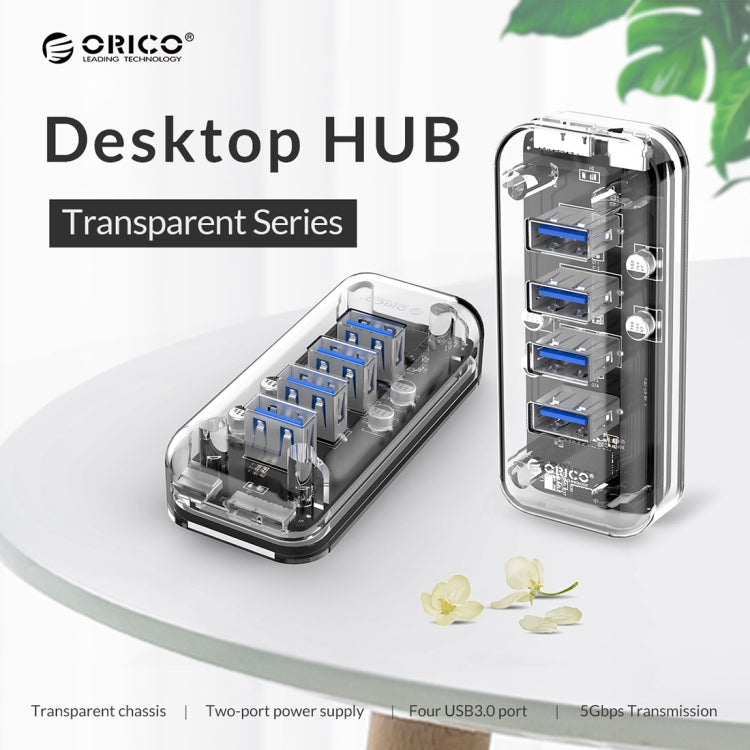 ORICO F4U 4 x USB 3.0 พอร์ต 5Gbps Fast Transmission Desktop HUB พร้อมไฟ LED สีฟ้า, 4 Ports