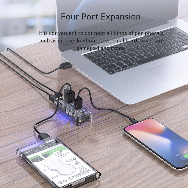 ORICO F4U 4 x USB 3.0 พอร์ต 5Gbps Fast Transmission Desktop HUB พร้อมไฟ LED สีฟ้า, 4 Ports