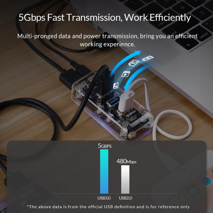 ORICO F4U 4 x USB 3.0 พอร์ต 5Gbps Fast Transmission Desktop HUB พร้อมไฟ LED สีฟ้า, 4 Ports