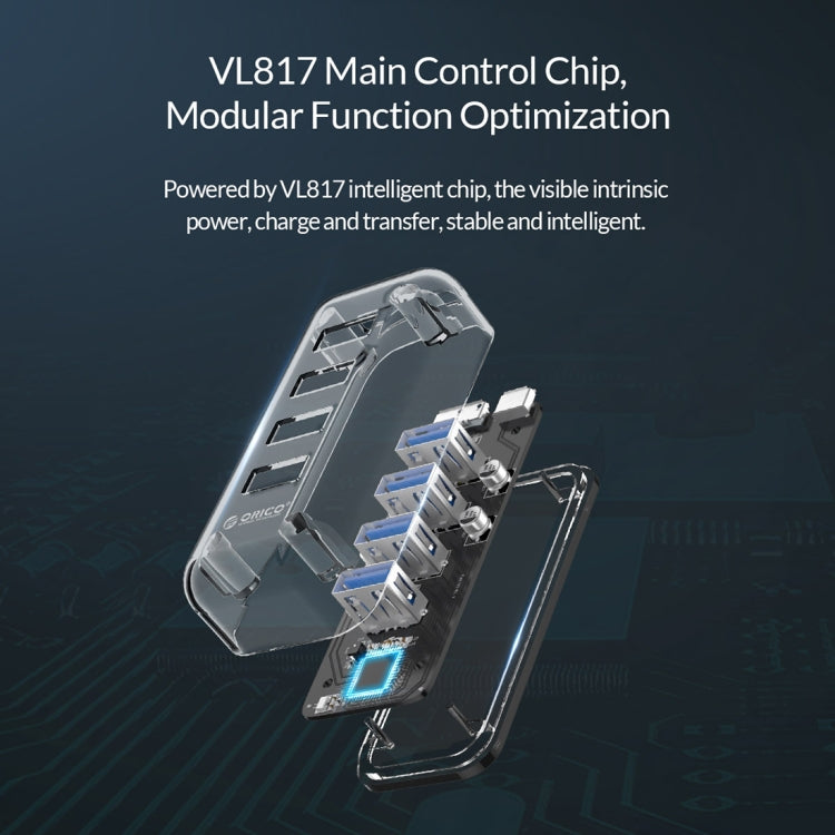 ORICO F4U 4 x USB 3.0 พอร์ต 5Gbps Fast Transmission Desktop HUB พร้อมไฟ LED สีฟ้า, 4 Ports