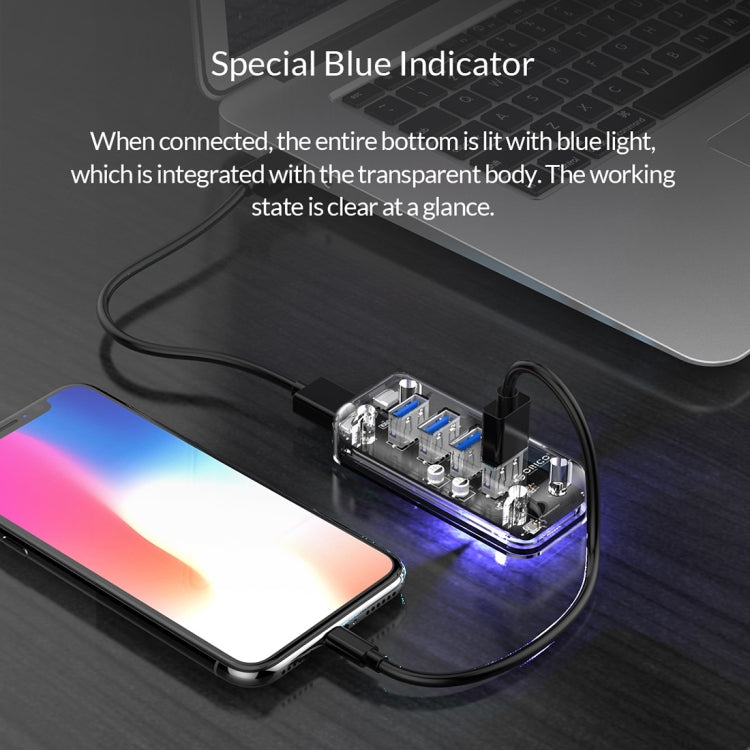ORICO F4U 4 x USB 3.0 พอร์ต 5Gbps Fast Transmission Desktop HUB พร้อมไฟ LED สีฟ้า, 4 Ports