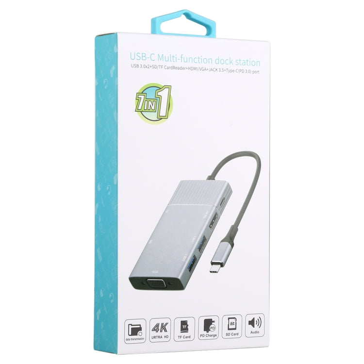 7 in 1 Dual USB 3.0 + TF / SD + HDMI / VGA + แจ็ค 3.5 มม. + Type-C / USB-C มัลติฟังก์ชั่น USB-C Dock Station, 2xUSB3.0+TF/SD+HDMI/VGA+3.5mm