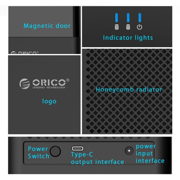 ORICO DS200C3 กล่องใส่ฮาร์ดไดรฟ์ USB-C / Type-C แบบแม่เหล็กขนาด 3.5 นิ้ว 2 ช่องพร้อมไฟ LED สีฟ้า, USB Type-C