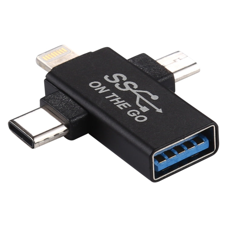 3 in 1 USB 3.0 ถึง 8 Pin + Micro USB + USB-C / Type-C อินเทอร์เฟซอะแดปเตอร์ OTG มัลติฟังก์ชั่น