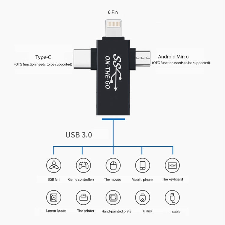 3 in 1 USB 3.0 ถึง 8 Pin + Micro USB + USB-C / Type-C อินเทอร์เฟซอะแดปเตอร์ OTG มัลติฟังก์ชั่น