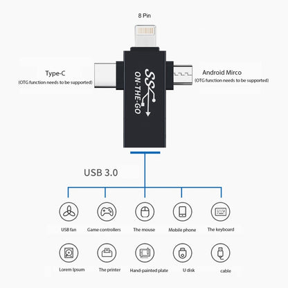 3 in 1 USB 3.0 ถึง 8 Pin + Micro USB + USB-C / Type-C อินเทอร์เฟซอะแดปเตอร์ OTG มัลติฟังก์ชั่น