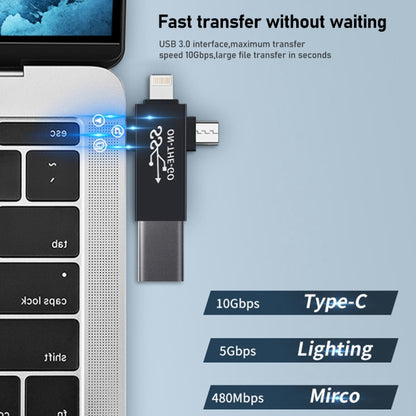 3 in 1 USB 3.0 ถึง 8 Pin + Micro USB + USB-C / Type-C อินเทอร์เฟซอะแดปเตอร์ OTG มัลติฟังก์ชั่น
