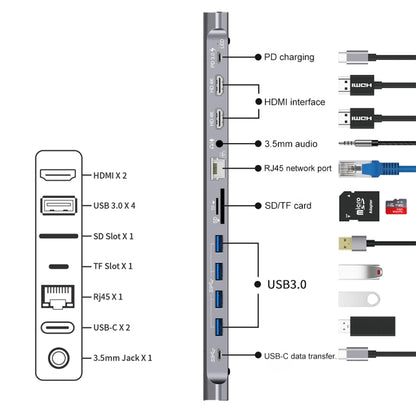9199 12 in 1 USB-C / Type-C ถึง USB-C / Type-C + ช่องเสียบการ์ด TF / SD + RJ45 + เสียง 3.5 มม. + PD USB-C / Type-C ชาร์จ + 2 HDMI + 4 USB 3.0 พอร์ตมัลติฟังก์ชั่นสถานีเชื่อมต่อตัวแปลง HUB, 9199