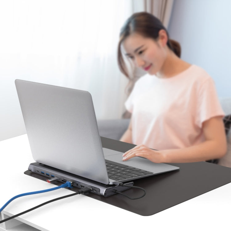 9199 12 in 1 USB-C / Type-C ถึง USB-C / Type-C + ช่องเสียบการ์ด TF / SD + RJ45 + เสียง 3.5 มม. + PD USB-C / Type-C ชาร์จ + 2 HDMI + 4 USB 3.0 พอร์ตมัลติฟังก์ชั่นสถานีเชื่อมต่อตัวแปลง HUB, 9199