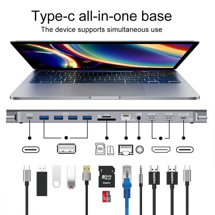 9199 12 in 1 USB-C / Type-C ถึง USB-C / Type-C + ช่องเสียบการ์ด TF / SD + RJ45 + เสียง 3.5 มม. + PD USB-C / Type-C ชาร์จ + 2 HDMI + 4 USB 3.0 พอร์ตมัลติฟังก์ชั่นสถานีเชื่อมต่อตัวแปลง HUB, 9199