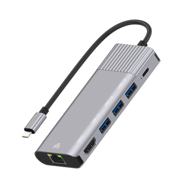 79591 6 in 1 8 Pin to RJ45 + HDMI + การชาร์จ 8 Pin + 3 พอร์ต USB 2.0 มัลติฟังก์ชั่น HUB Converter Docking Station, 79591