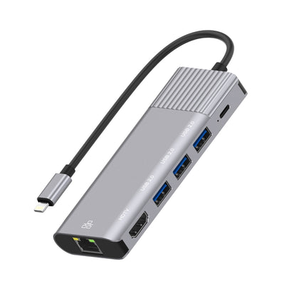 79591 6 in 1 8 Pin to RJ45 + HDMI + การชาร์จ 8 Pin + 3 พอร์ต USB 2.0 มัลติฟังก์ชั่น HUB Converter Docking Station, 79591