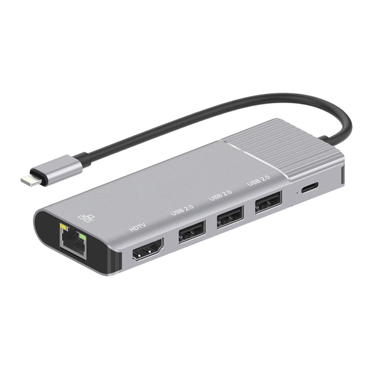 79591 6 in 1 8 Pin to RJ45 + HDMI + การชาร์จ 8 Pin + 3 พอร์ต USB 2.0 มัลติฟังก์ชั่น HUB Converter Docking Station, 79591