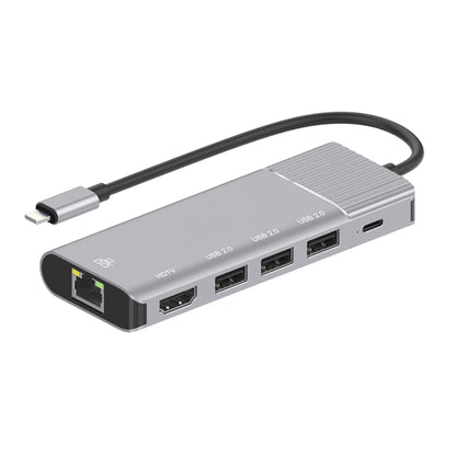 79591 6 in 1 8 Pin to RJ45 + HDMI + การชาร์จ 8 Pin + 3 พอร์ต USB 2.0 มัลติฟังก์ชั่น HUB Converter Docking Station, 79591