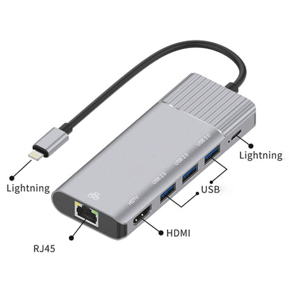 79591 6 in 1 8 Pin to RJ45 + HDMI + การชาร์จ 8 Pin + 3 พอร์ต USB 2.0 มัลติฟังก์ชั่น HUB Converter Docking Station, 79591