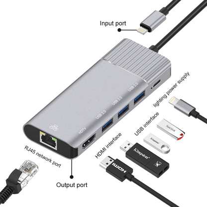 79591 6 in 1 8 Pin to RJ45 + HDMI + การชาร์จ 8 Pin + 3 พอร์ต USB 2.0 มัลติฟังก์ชั่น HUB Converter Docking Station, 79591