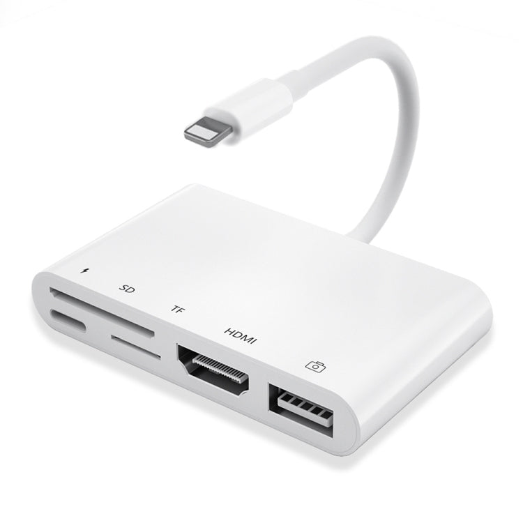 5 in 1 8 Pin ชายกับ USB + HDMI + ช่องเสียบการ์ด TF / SD + 8 Pin Power Female OTG อะแดปเตอร์ AV แบบดิจิตอล, TF / SD Card Slot