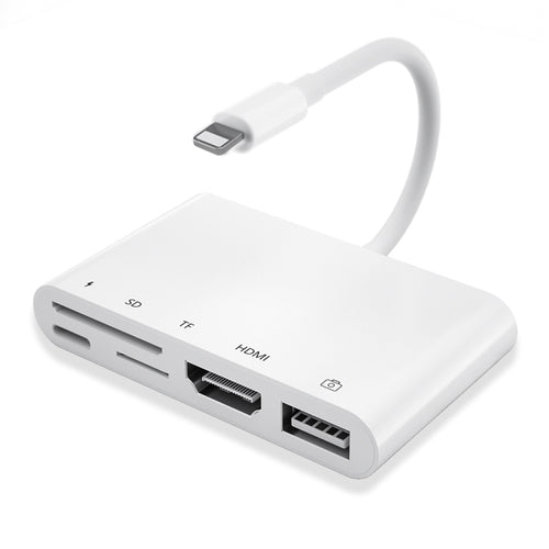 5 in 1 8 Pin ชายกับ USB + HDMI + ช่องเสียบการ์ด TF / SD + 8 Pin Power Female OTG อะแดปเตอร์ AV แบบดิจิตอล, TF / SD Card Slot