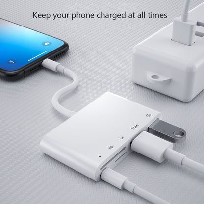 5 in 1 8 Pin ชายกับ USB + HDMI + ช่องเสียบการ์ด TF / SD + 8 Pin Power Female OTG อะแดปเตอร์ AV แบบดิจิตอล, TF / SD Card Slot
