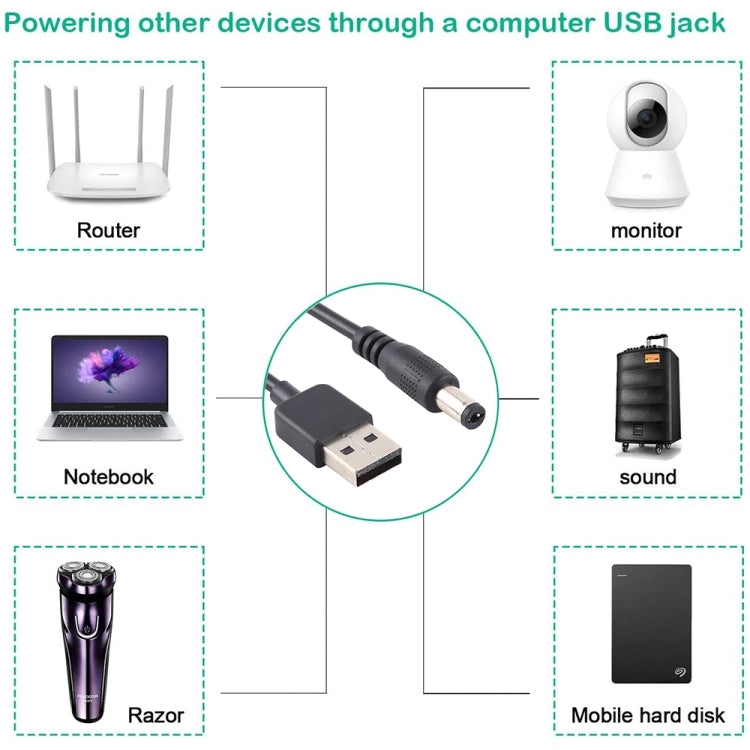 สายเคเบิลปลั๊กไฟ DC 3A USB ถึง 5.5 x 2.1 มม. ความยาว: 1 ม, USB to DC 5.5x2.1mm