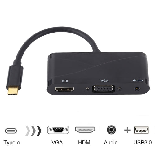USB 2.0 + พอร์ตเสียง + อะแดปเตอร์ VGA + HDMI เป็น USB-C / Type-C HUB, Black