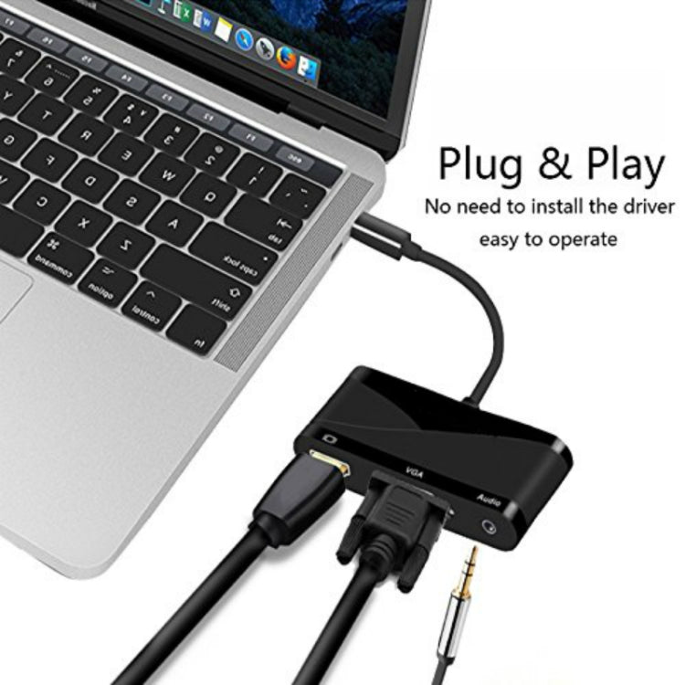 USB 2.0 + พอร์ตเสียง + อะแดปเตอร์ VGA + HDMI เป็น USB-C / Type-C HUB, Black