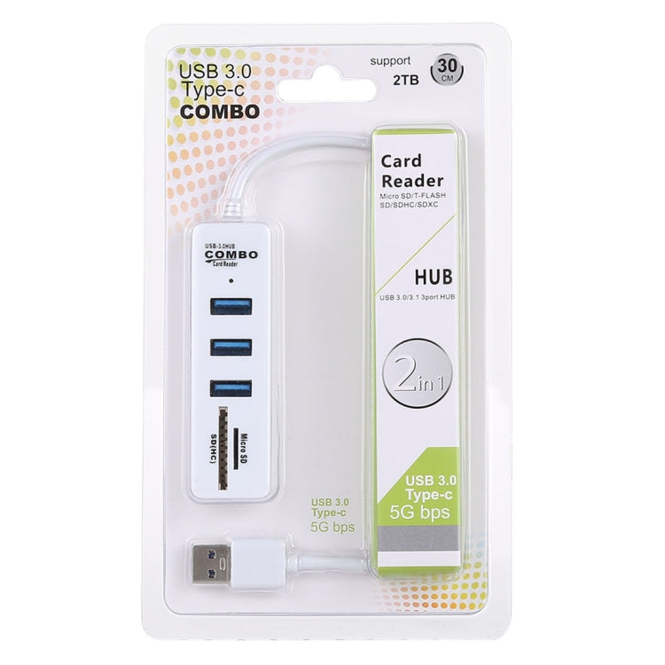เครื่องอ่านการ์ด TF / SD 2 in 1 + พอร์ต USB 3.0 3 พอร์ตเป็นตัวแปลง USB 3.0 HUB ความยาวสายเคเบิล: 26 ซม., USB 3.0 (White)