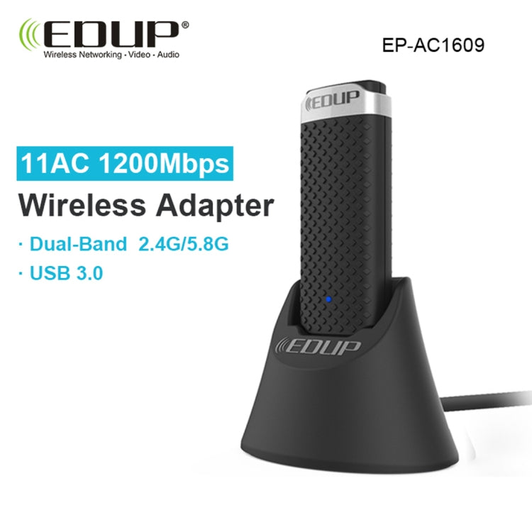 EDUP EP-AC1609 1200Mbps ความเร็วสูง USB 3.0 WiFi อะแดปเตอร์ตัวรับสัญญาณ Ethernet Adapter พร้อม 1m ขยายสายเคเบิลและฐาน, EP-AC1609 1200Mbps