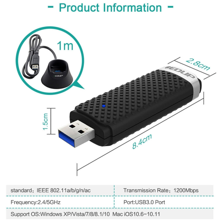 EDUP EP-AC1609 1200Mbps ความเร็วสูง USB 3.0 WiFi อะแดปเตอร์ตัวรับสัญญาณ Ethernet Adapter พร้อม 1m ขยายสายเคเบิลและฐาน, EP-AC1609 1200Mbps