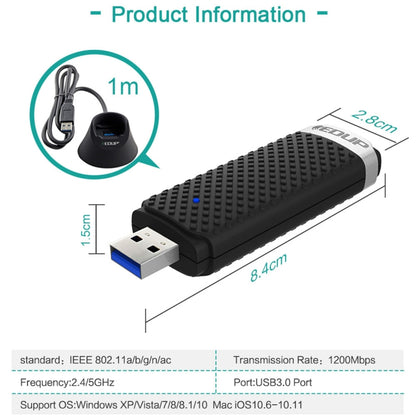 EDUP EP-AC1609 1200Mbps ความเร็วสูง USB 3.0 WiFi อะแดปเตอร์ตัวรับสัญญาณ Ethernet Adapter พร้อม 1m ขยายสายเคเบิลและฐาน, EP-AC1609 1200Mbps