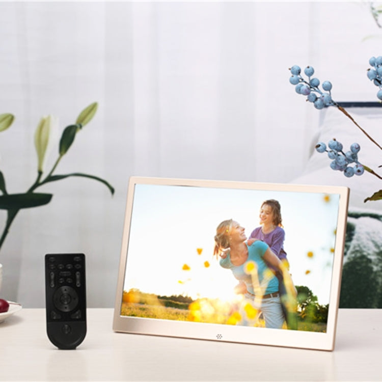 HSD1303 กรอบรูปดิจิตอลจอแสดงผลความละเอียดสูง LED 1280x800 ขนาด 13.3 นิ้วพร้อมตัวยึดและรีโมทคอนโทรล รองรับการ์ด SD / MMC / MS / พอร์ต USB ปลั๊ก UK (สีทอง), HSD1303 13.3 inch