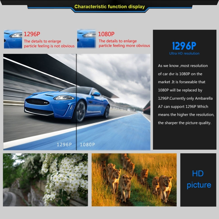 GS90C กล้อง DVR ในรถยนต์ หน้าจอ LCD 2.7 นิ้ว HD 2304 x 1296P มุมมองมุมกว้าง 170 องศา รองรับการตรวจจับการเคลื่อนไหว / การ์ด TF / G-Sensor / HDMI, GS90C