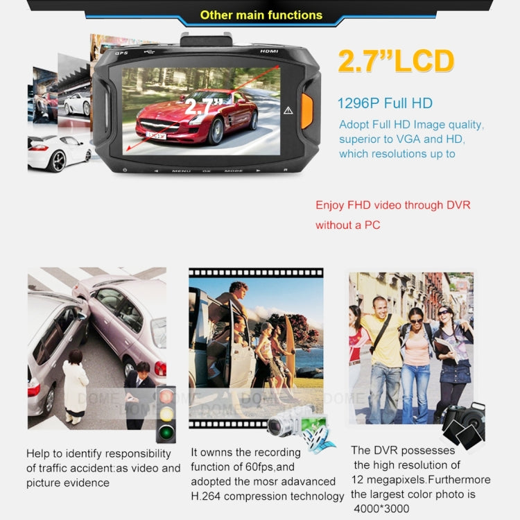 GS90C กล้อง DVR ในรถยนต์ หน้าจอ LCD 2.7 นิ้ว HD 2304 x 1296P มุมมองมุมกว้าง 170 องศา รองรับการตรวจจับการเคลื่อนไหว / การ์ด TF / G-Sensor / HDMI, GS90C