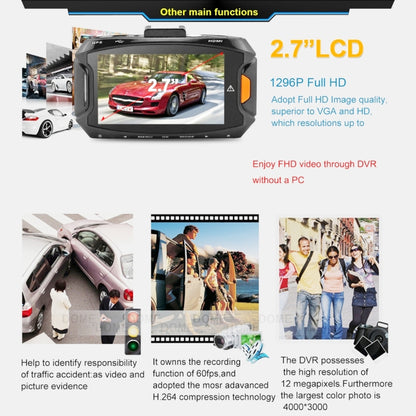 GS90C กล้อง DVR ในรถยนต์ หน้าจอ LCD 2.7 นิ้ว HD 2304 x 1296P มุมมองมุมกว้าง 170 องศา รองรับการตรวจจับการเคลื่อนไหว / การ์ด TF / G-Sensor / HDMI, GS90C