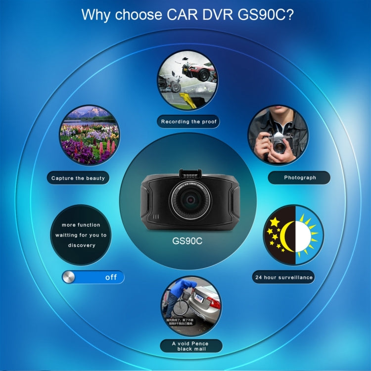 GS90C กล้อง DVR ในรถยนต์ หน้าจอ LCD 2.7 นิ้ว HD 2304 x 1296P มุมมองมุมกว้าง 170 องศา รองรับการตรวจจับการเคลื่อนไหว / การ์ด TF / G-Sensor / HDMI, GS90C