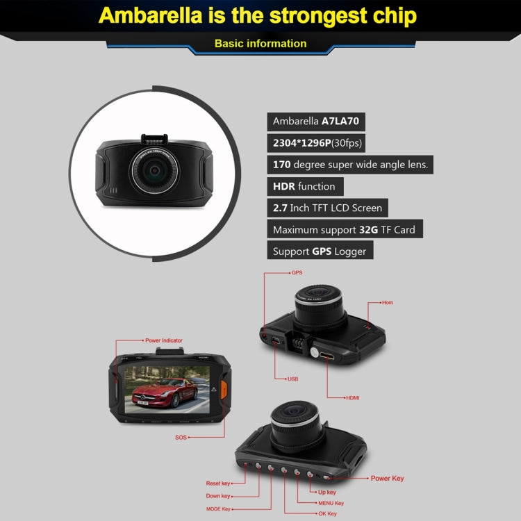 GS90C กล้อง DVR ในรถยนต์ หน้าจอ LCD 2.7 นิ้ว HD 2304 x 1296P มุมมองมุมกว้าง 170 องศา รองรับการตรวจจับการเคลื่อนไหว / การ์ด TF / G-Sensor / HDMI, GS90C