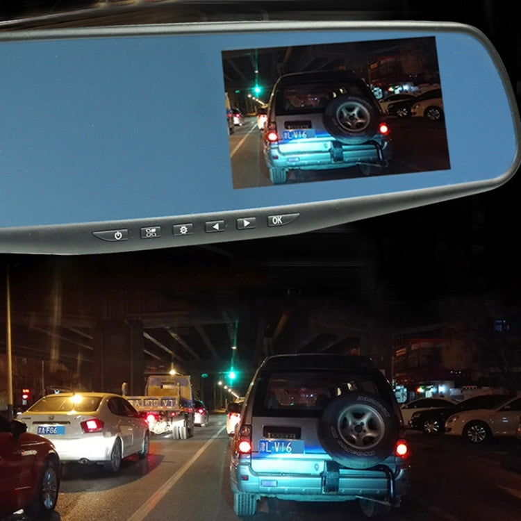 หน้าจอด้านซ้ายแสดงกระจกมองหลัง DVR รถยนต์, โปรแกรม Allwinner, กล้อง 2 ตัว 1080P HD การดูมุมกว้าง 140 องศา, รองรับพอร์ต GPS / การตรวจจับการเคลื่อนไหว / การมองเห็นตอนกลางคืน / การ์ด TF / G-Sensor, Rearview Mirror Vehicle DVR