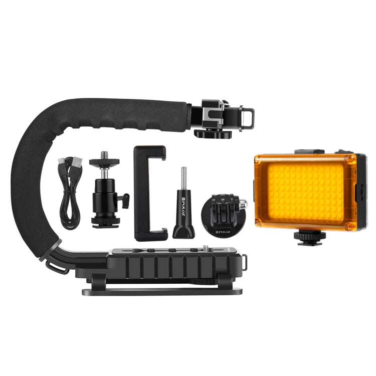 PULUZ U / C รูปร่างแบบพกพามือถือ DV ยึด S Tabilizer + LED ชุดไฟสตูดิโอพร้อมรองเท้าเย็นหัวขาตั้งกล้องสำหรับกล้อง SLR ทั้งหมดและกล้อง DV ในบ้าน, Bracket Kits + LED