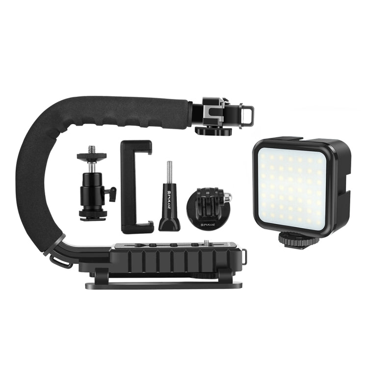 PULUZ U / C รูปร่างแบบพกพามือถือ DV ยึด S Tabilizer + LED เติมแสงชุดที่มีรองเท้าเย็นหัวขาตั้งกล้องสำหรับกล้อง SLR ทั้งหมดและกล้อง DV ในบ้าน, C-Shaped Bracket + Fill Light