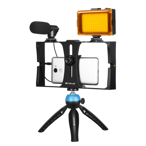 PULUZ 4 in 1 Vlogging ถ่ายทอดสด LED เซลฟี่ไลท์สมาร์ทโฟนชุดวิดีโอ Rig พร้อมไมโครโฟน + ขาตั้งกล้องสามขา + ขาตั้งกล้องรองเท้าเย็นสำหรับ iPhone, Galaxy, Huawei, Xiaomi, HTC, LG, Google และสมาร์ทโฟนอื่น ๆ, 4-in-1(Blue), 4 in 1, 4-in-1(US)