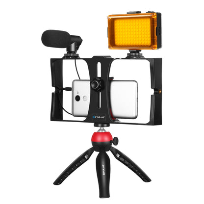 PULUZ 4 in 1 Vlogging ถ่ายทอดสด LED เซลฟี่ไลท์สมาร์ทโฟนชุดวิดีโอ Rig พร้อมไมโครโฟน + ขาตั้งกล้องสามขา + ขาตั้งกล้องรองเท้าเย็นสำหรับ iPhone, Galaxy, Huawei, Xiaomi, HTC, LG, Google และสมาร์ทโฟนอื่น ๆ, 4-in-1(Blue), 4 in 1, 4-in-1(US)