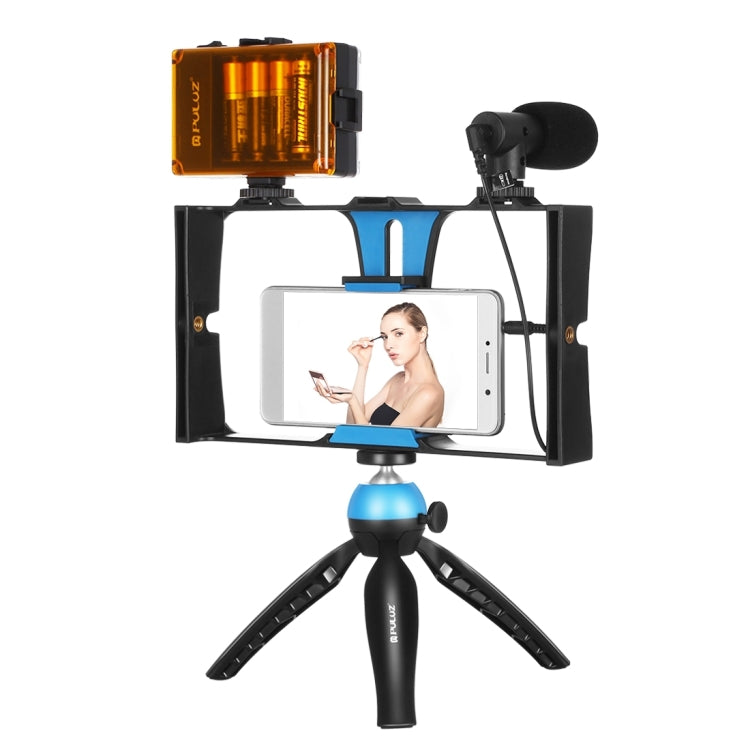 PULUZ 4 in 1 Vlogging ถ่ายทอดสด LED เซลฟี่ไลท์สมาร์ทโฟนชุดวิดีโอ Rig พร้อมไมโครโฟน + ขาตั้งกล้องสามขา + ขาตั้งกล้องรองเท้าเย็นสำหรับ iPhone, Galaxy, Huawei, Xiaomi, HTC, LG, Google และสมาร์ทโฟนอื่น ๆ, 4-in-1(Blue), 4 in 1, 4-in-1(US)