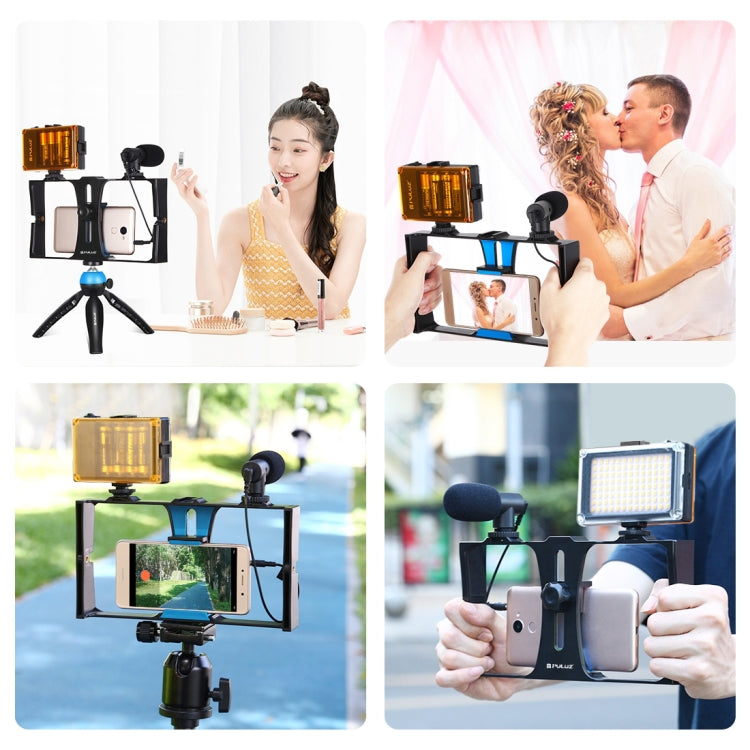 PULUZ 4 in 1 Vlogging ถ่ายทอดสด LED เซลฟี่ไลท์สมาร์ทโฟนชุดวิดีโอ Rig พร้อมไมโครโฟน + ขาตั้งกล้องสามขา + ขาตั้งกล้องรองเท้าเย็นสำหรับ iPhone, Galaxy, Huawei, Xiaomi, HTC, LG, Google และสมาร์ทโฟนอื่น ๆ, 4-in-1(Blue), 4 in 1, 4-in-1(US)