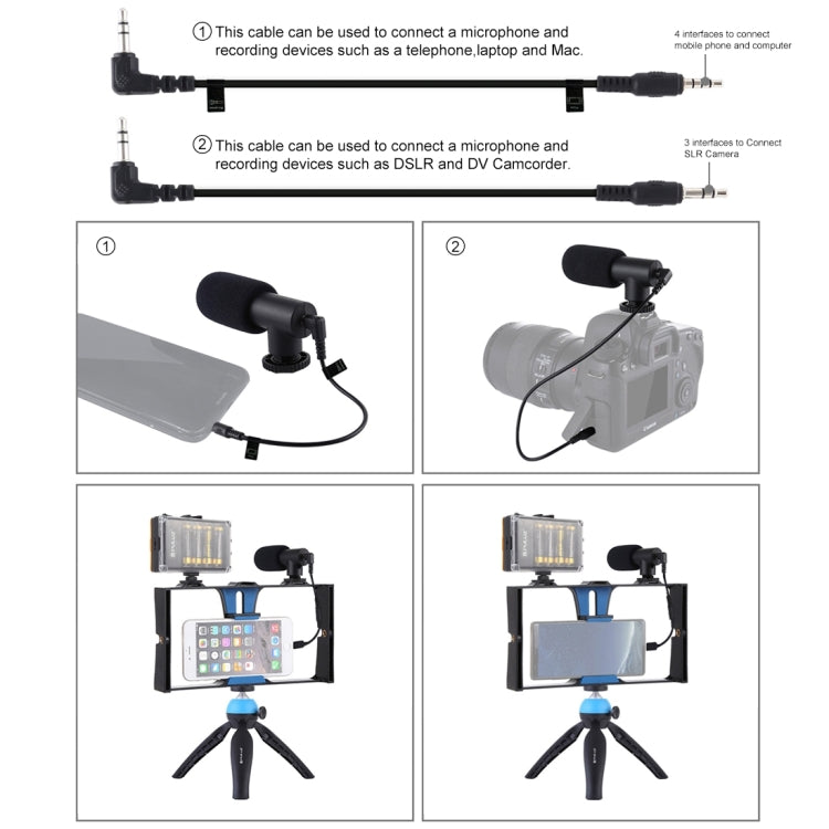 PULUZ 4 in 1 Vlogging ถ่ายทอดสด LED เซลฟี่ไลท์สมาร์ทโฟนชุดวิดีโอ Rig พร้อมไมโครโฟน + ขาตั้งกล้องสามขา + ขาตั้งกล้องรองเท้าเย็นสำหรับ iPhone, Galaxy, Huawei, Xiaomi, HTC, LG, Google และสมาร์ทโฟนอื่น ๆ, 4-in-1(Blue), 4 in 1, 4-in-1(US)