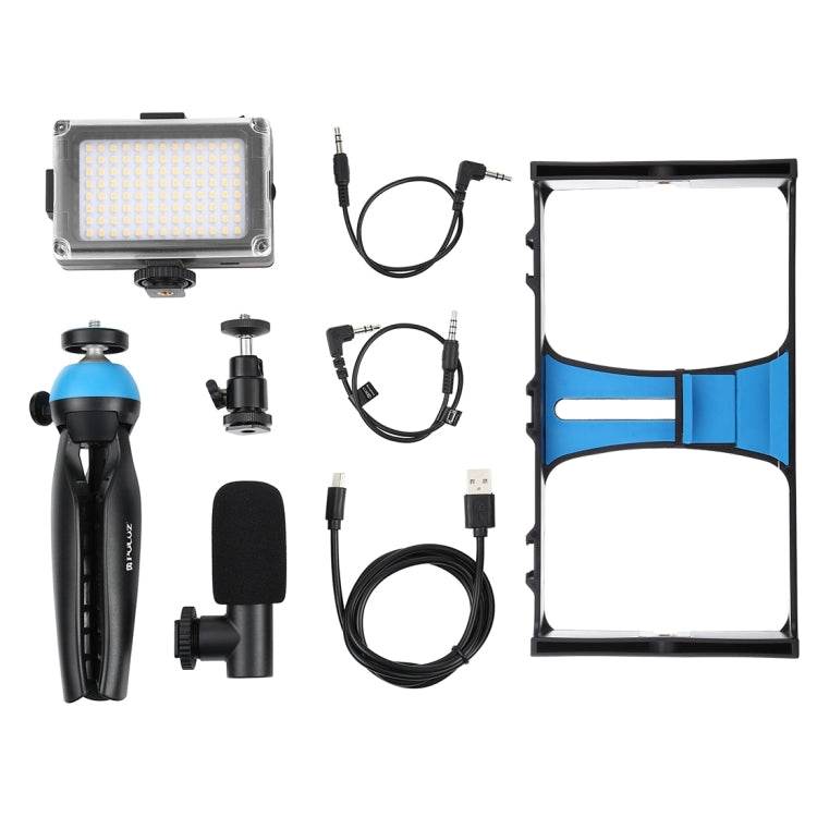 PULUZ 4 in 1 Vlogging ถ่ายทอดสด LED เซลฟี่ไลท์สมาร์ทโฟนชุดวิดีโอ Rig พร้อมไมโครโฟน + ขาตั้งกล้องสามขา + ขาตั้งกล้องรองเท้าเย็นสำหรับ iPhone, Galaxy, Huawei, Xiaomi, HTC, LG, Google และสมาร์ทโฟนอื่น ๆ, 4-in-1(Blue), 4 in 1, 4-in-1(US)