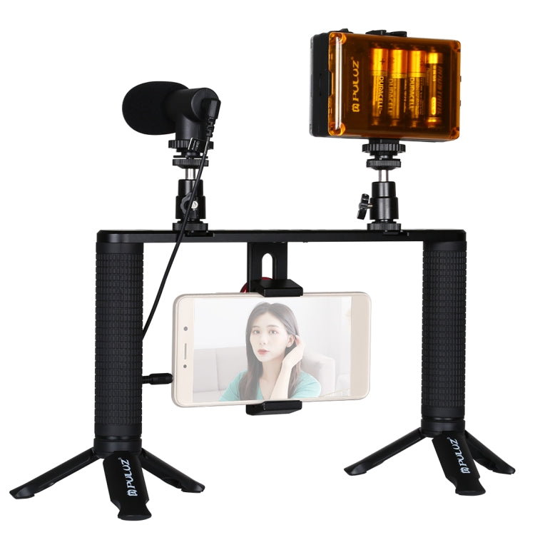 PULUZ 4 in 1 Vlogging ถ่ายทอดสด LED เซลฟีแสงสมาร์ทโฟนวิดีโอ Rig จับโคลงอลูมิเนียมยึดชุดพร้อมไมโครโฟน + เมาขาตั้งกล้อง + รองเท้าเย็นหัวขาตั้งกล้อง, Aluminum Bracket Kits