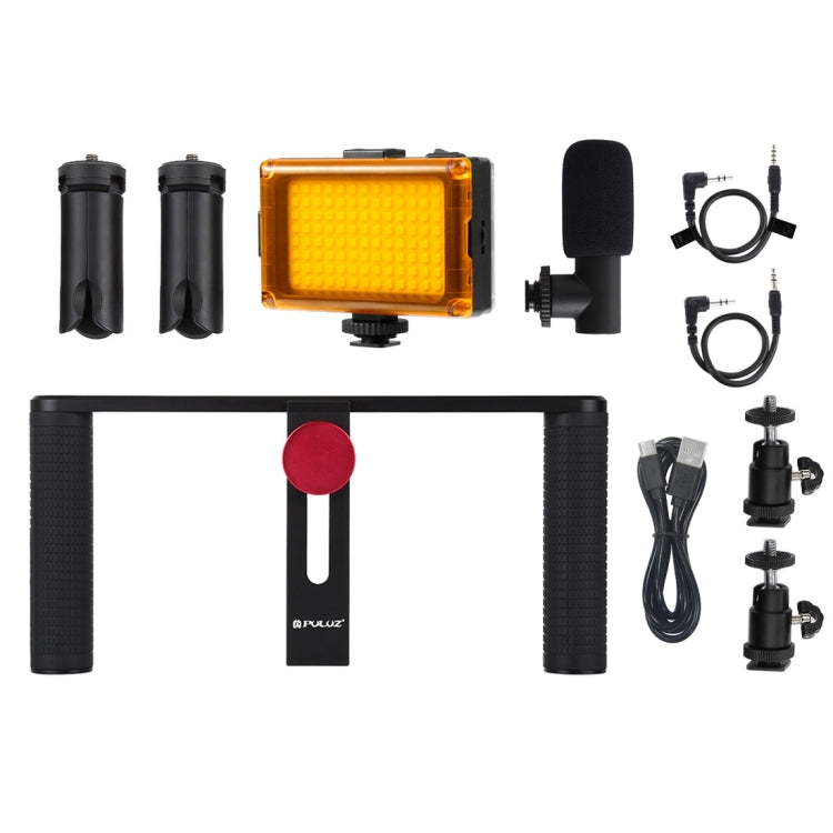 PULUZ 4 in 1 Vlogging ถ่ายทอดสด LED เซลฟีแสงสมาร์ทโฟนวิดีโอ Rig จับโคลงอลูมิเนียมยึดชุดพร้อมไมโครโฟน + เมาขาตั้งกล้อง + รองเท้าเย็นหัวขาตั้งกล้อง, Aluminum Bracket Kits