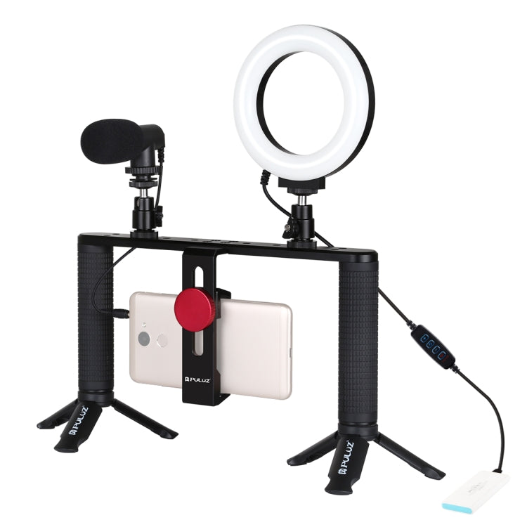 PULUZ 4 in 1 Vlogging ถ่ายทอดสด 4.7 นิ้ว 12 ซม. แหวน LED เซลฟีแสงสมาร์ทโฟนวิดีโอ Rig จับโคลงอลูมิเนียมยึดชุดพร้อมไมโครโฟน เมาขาตั้งกล้อง รองเท้าเย็นหัวขาตั้งกล้อง, Ring LED Aluminum Bracket Kits